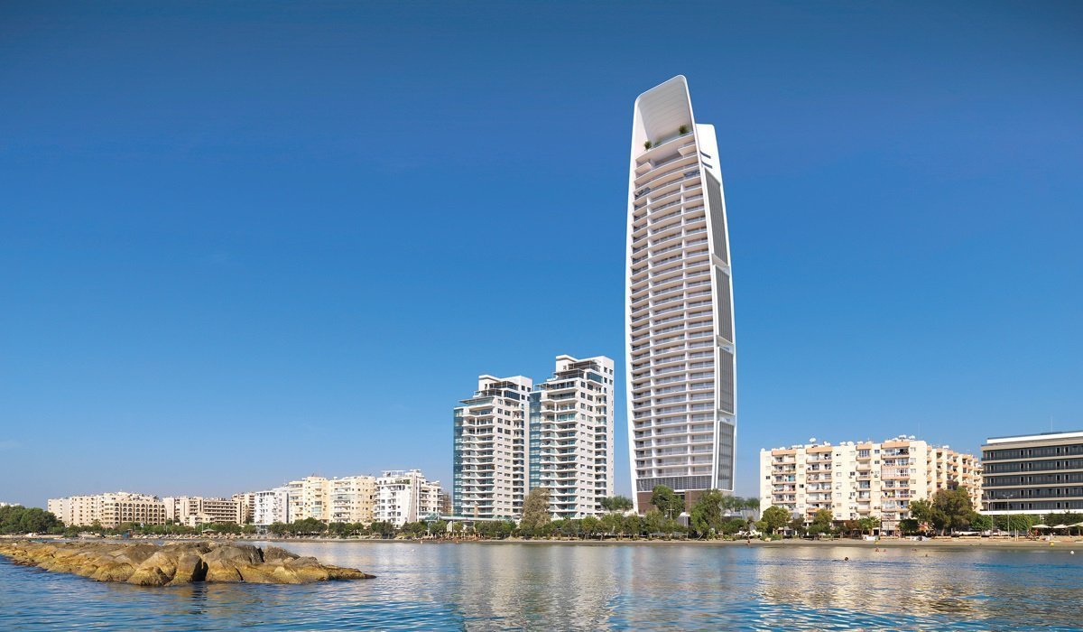 从地中海远眺ONE Limassol豪华住宅塔楼